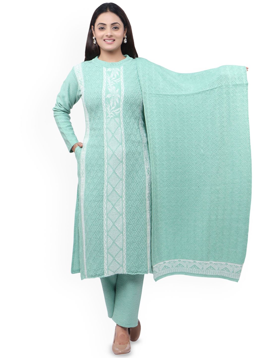 WOOL 4U Women Geometric Self Design Kurta with Trousers & Dupatta