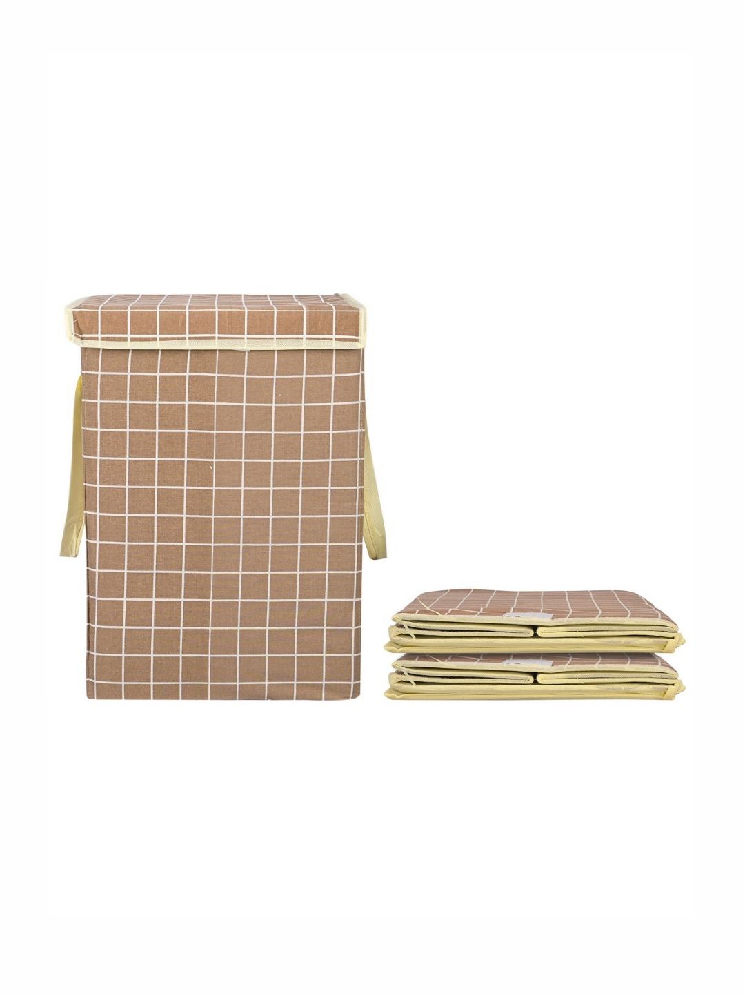 Aura 3Pcs White & Brown Checked Foldable Laundry Bags With Lid 75 L Each-image-23