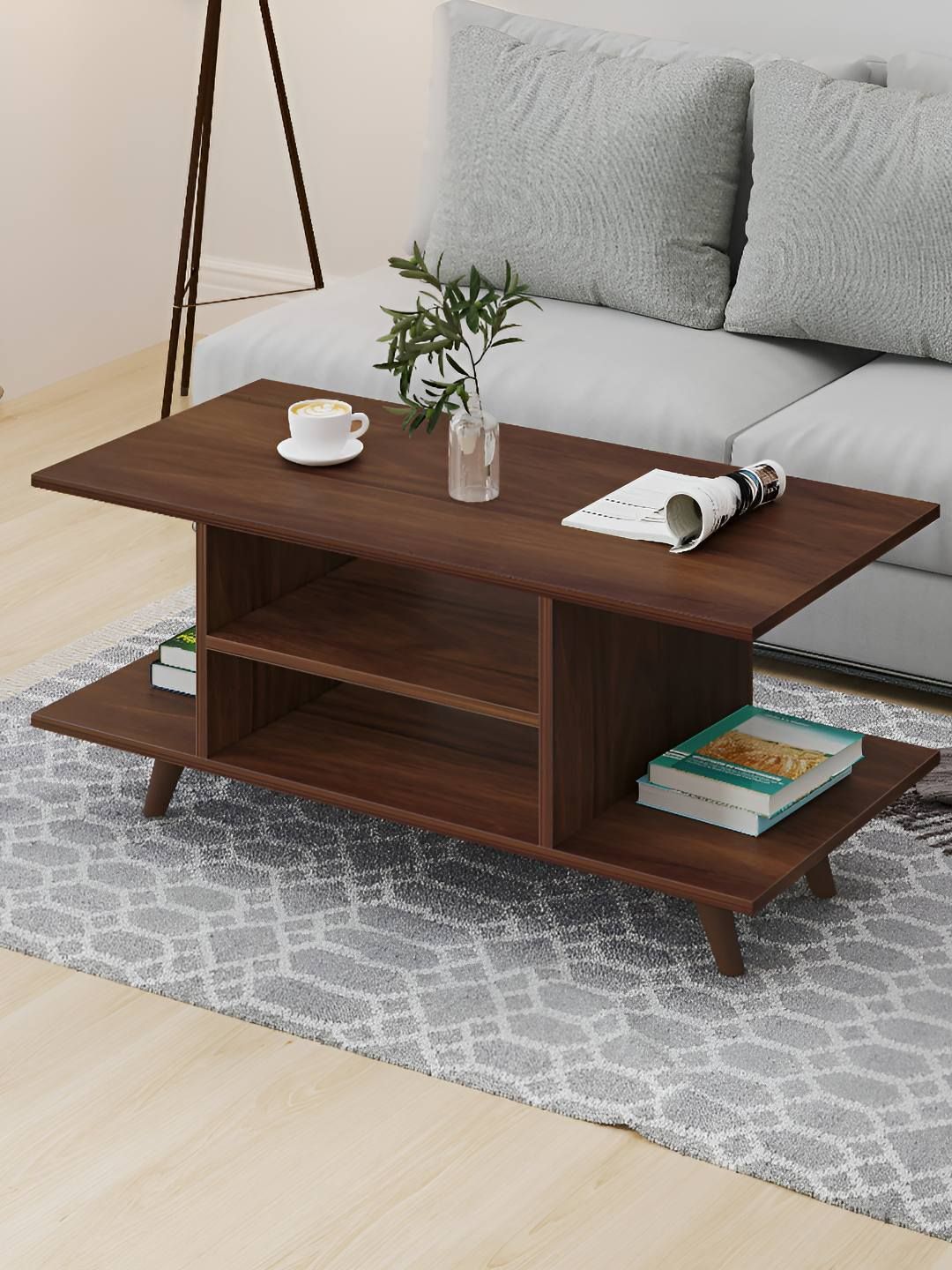 bluewud Brown Textured Wooden Rectangle Coffee Table