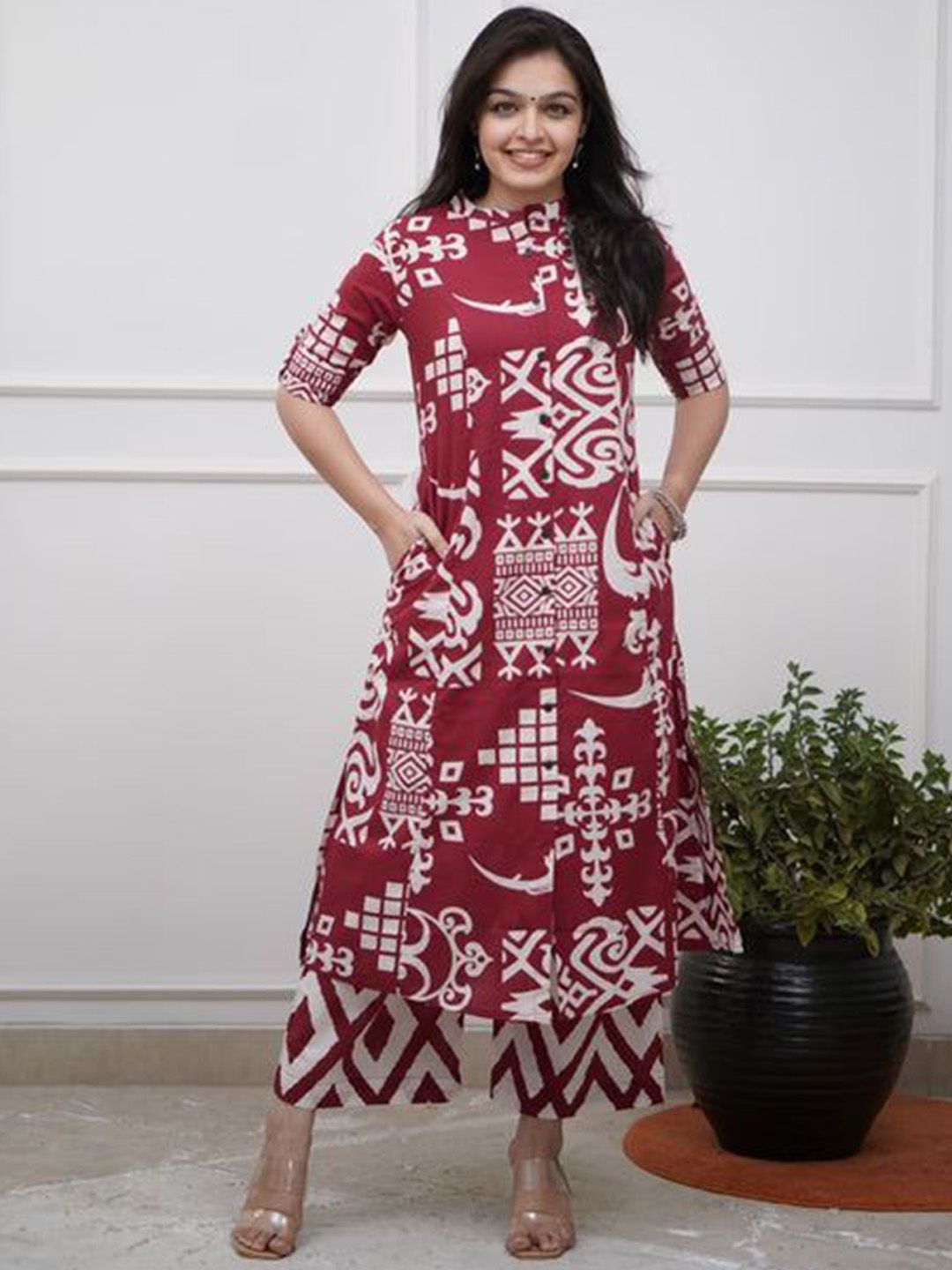 TROPWEAR Ethnic Motifs Printed Mandarin Collar Pure Cotton A-Line Kurta With Palazzo
