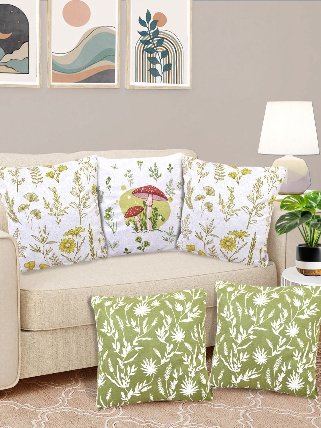 Myntra Elegant Homes White & Green 5 Pieces Floral Velvet Square Cushion Covers-image-39