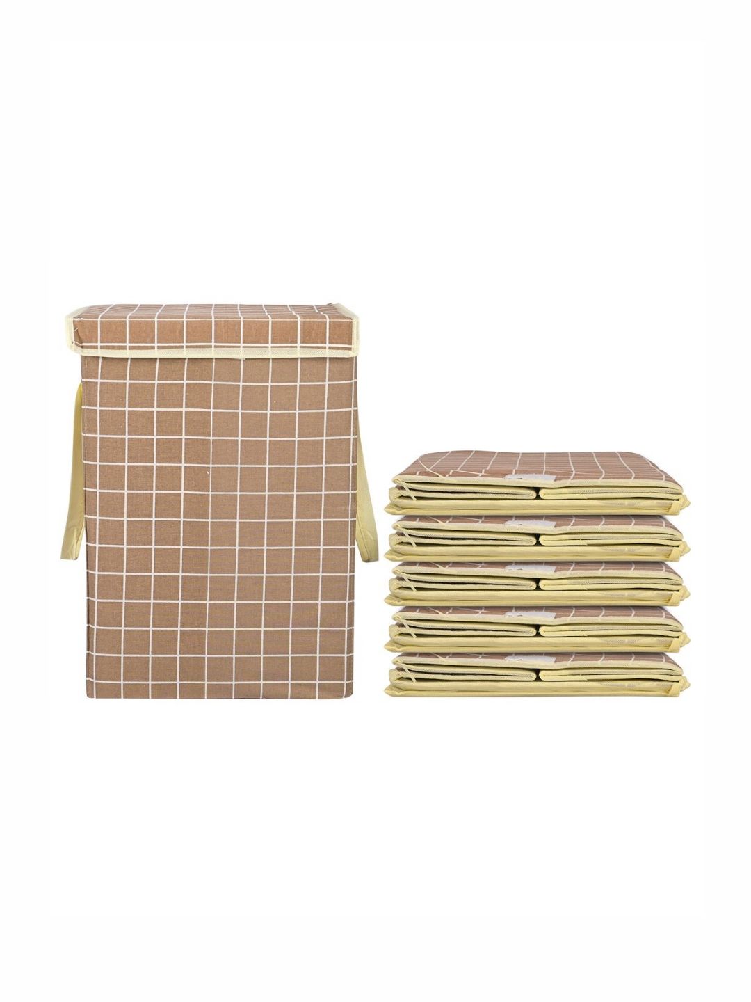 Aura 6Pcs White & Brown Checked Foldable Laundry Bags With Lid 75 L Each-image-49