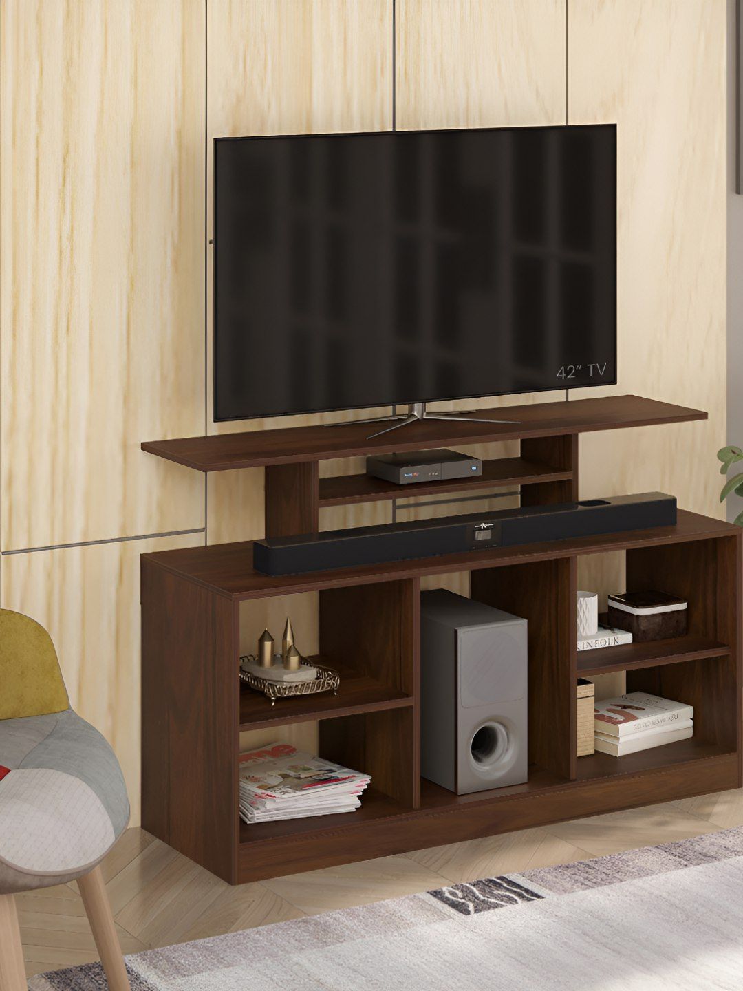 bluewud Brown Bevlyn TV Entertainment Unit With Shelves For Books & Dcor