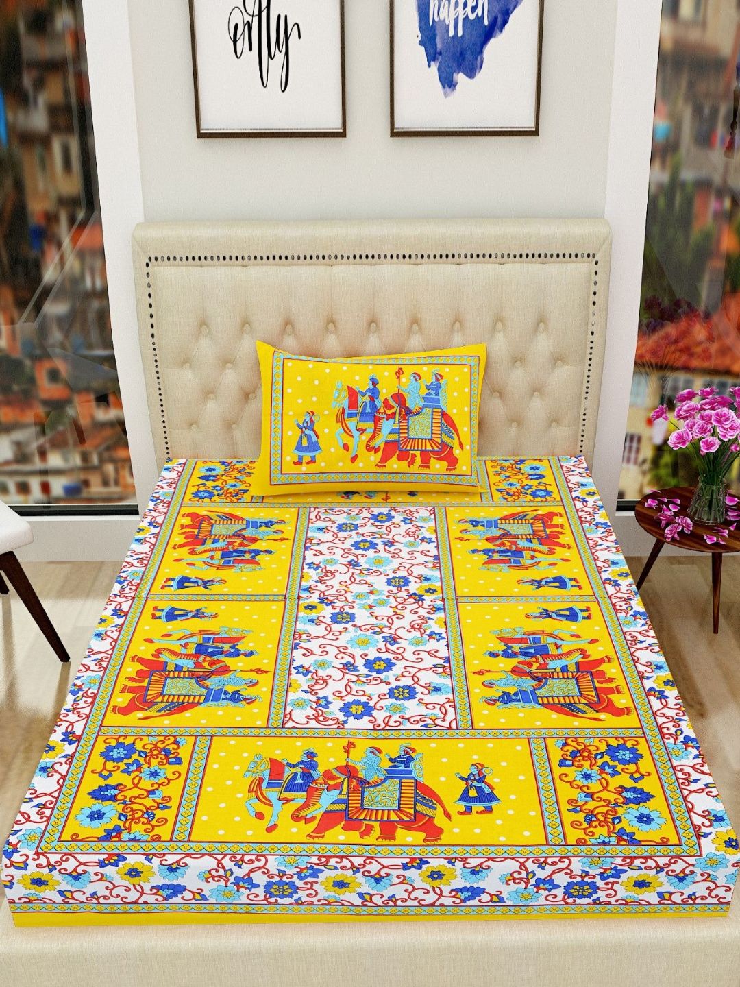 POORAK Yellow & White Jaipuri Print Pure Cotton 104 TC Single Bedsheet with 1 Pillow Cover-picture-17