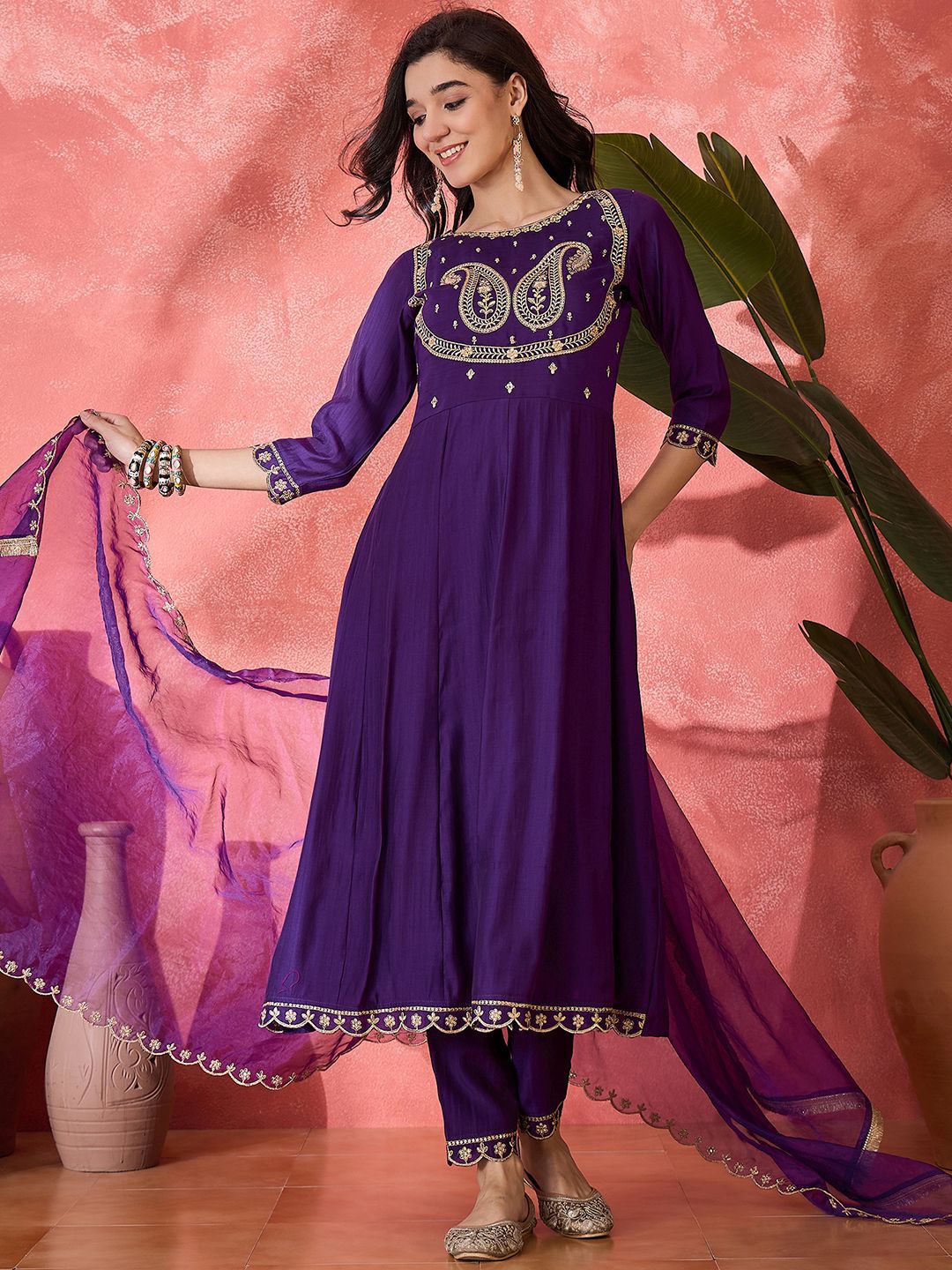 Sangria Zari Sequence Embroidered Anarkali Kurta With Trousers & Dupatta