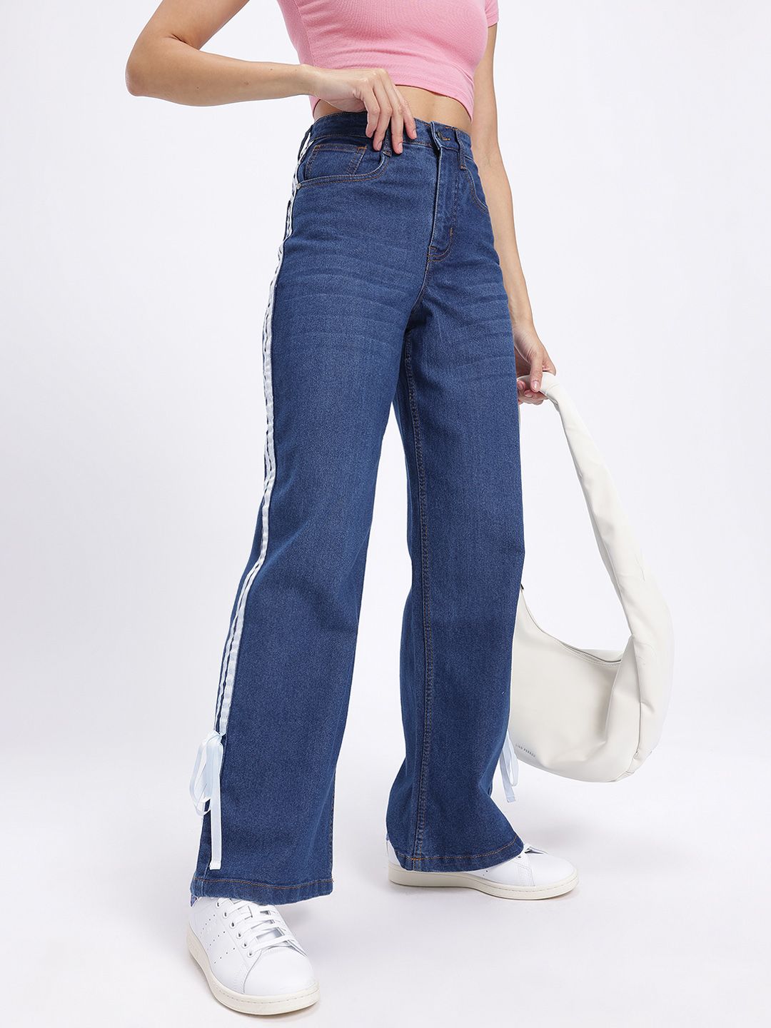 glitchez Women Wide Leg Side Stripe Bow Detail Jeans