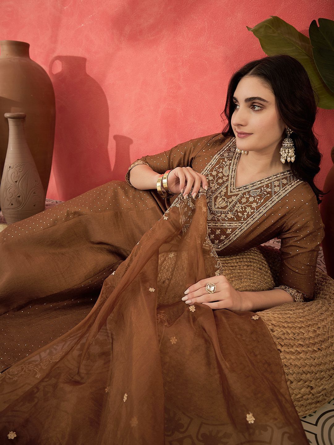 Sangria Women Zari Sequence Printed Embroidered Straight Kurta & Trouser With Dupatta