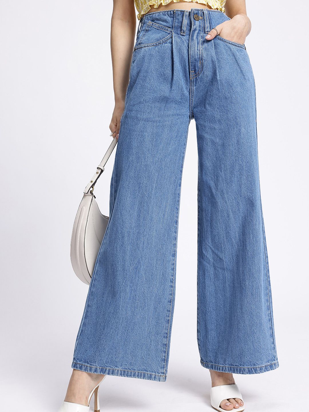 glitchez Women Pleated Wide Leg Light Fade Jeans