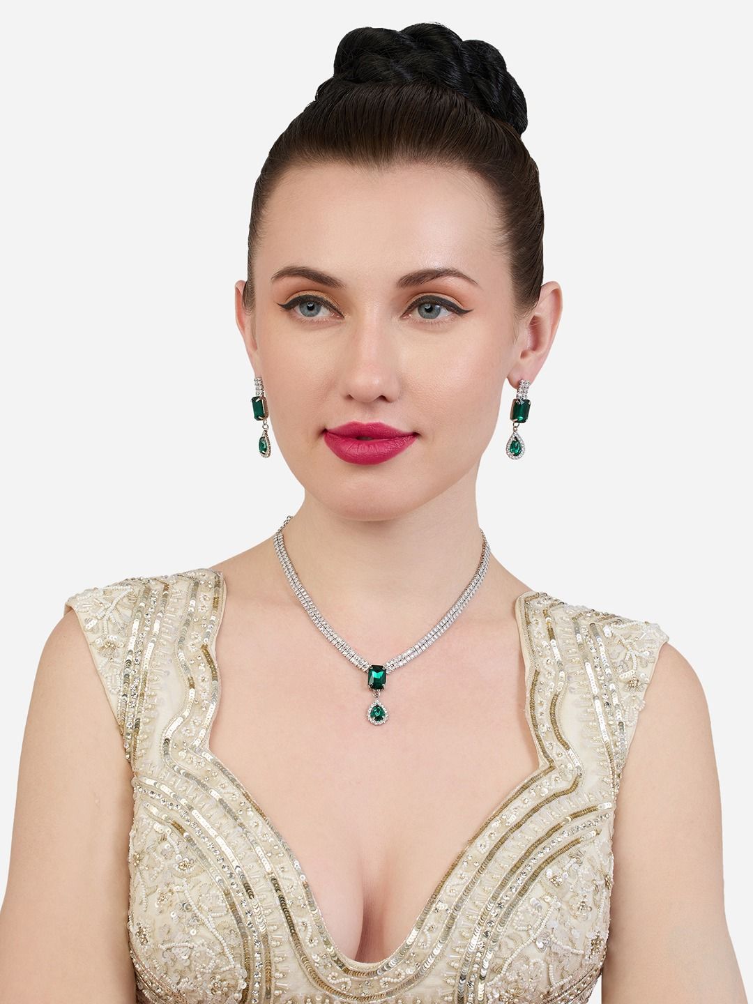 Zaveri Pearls Set Of 2 Silver-Plated Austrian Diamond Stone Studded Jewellery Sets-picture-30