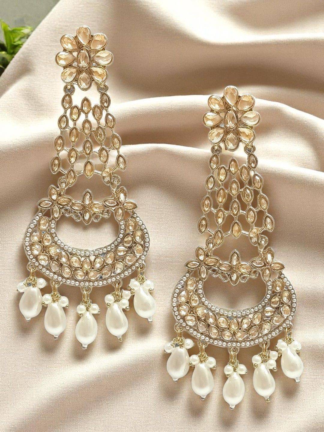 OOMPH Gold-Plated Contemporary Shaped Artificial Stone & Beads Drop Earrings-image-49