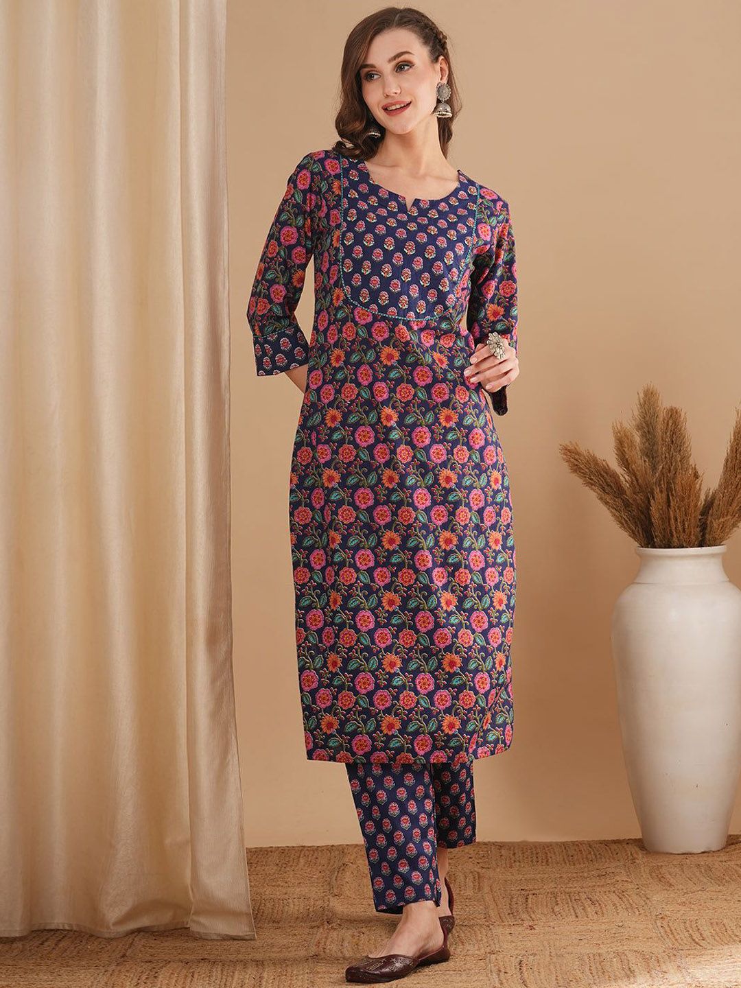 PRISCA Floral Printed Pure Cotton Straight Kurta With Trouser