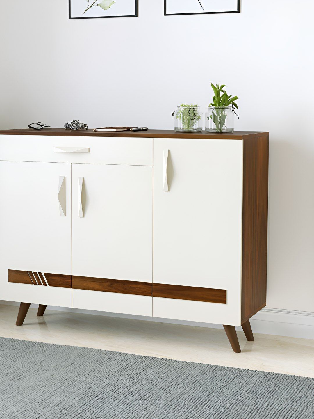 bluewud Kaspen Brown & White Wooden Shoe Rack With Drawer