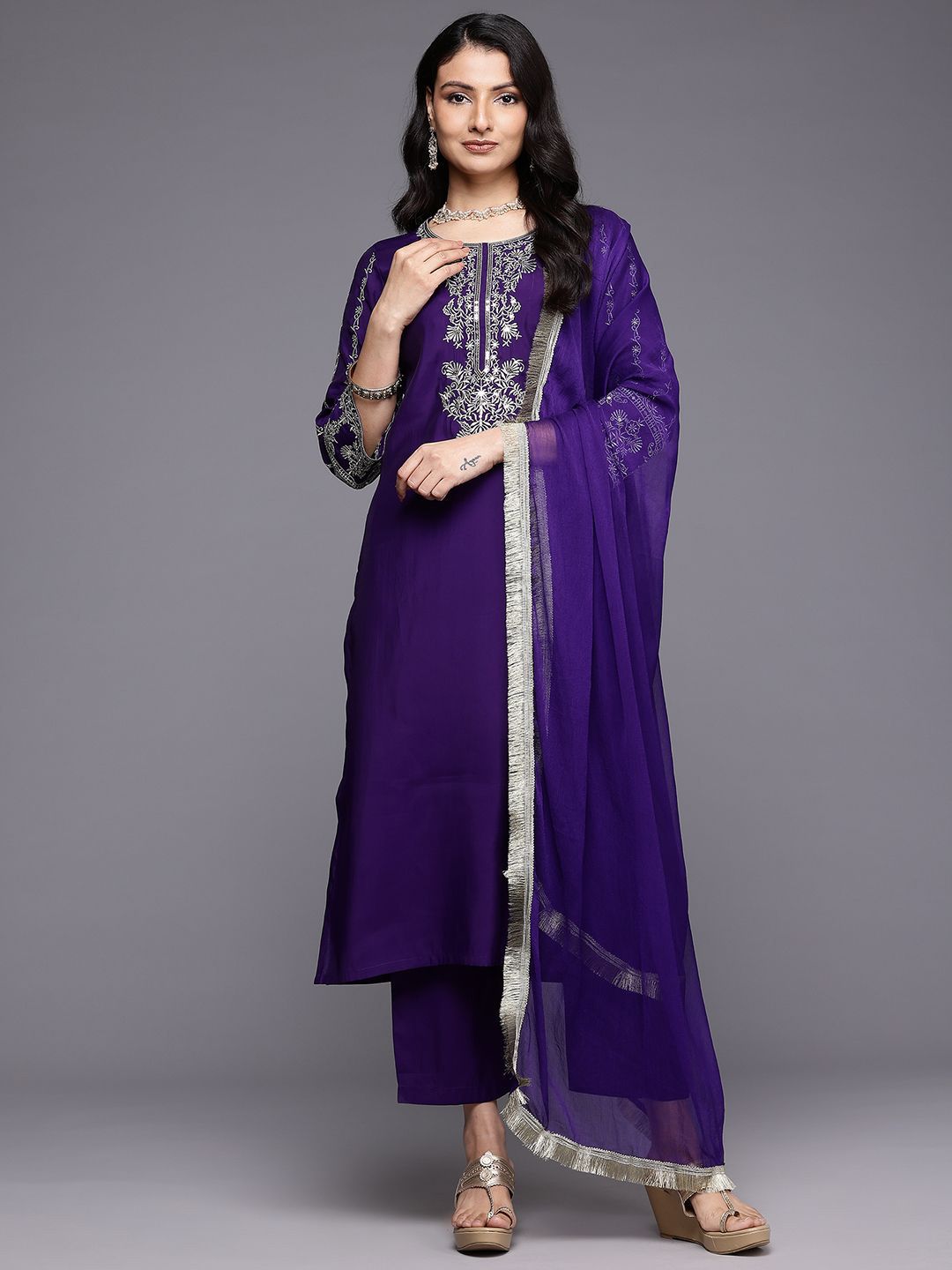 Varanga Floral Yoke Design Thread Work Kurta With Trousers & Dupatta