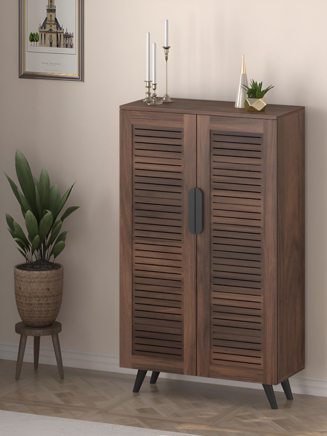 bluewud Carlem Tall Brown 2 Doors Shoe Rack
