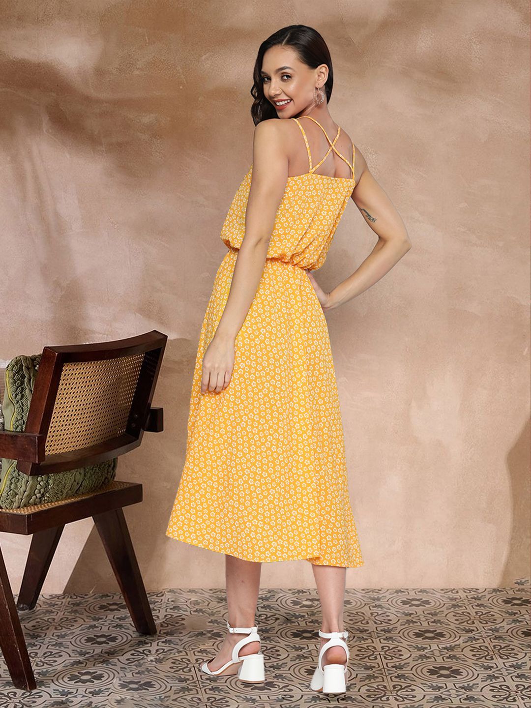 Floral Pleated Print Fit and Flare Midi Dress main image 1