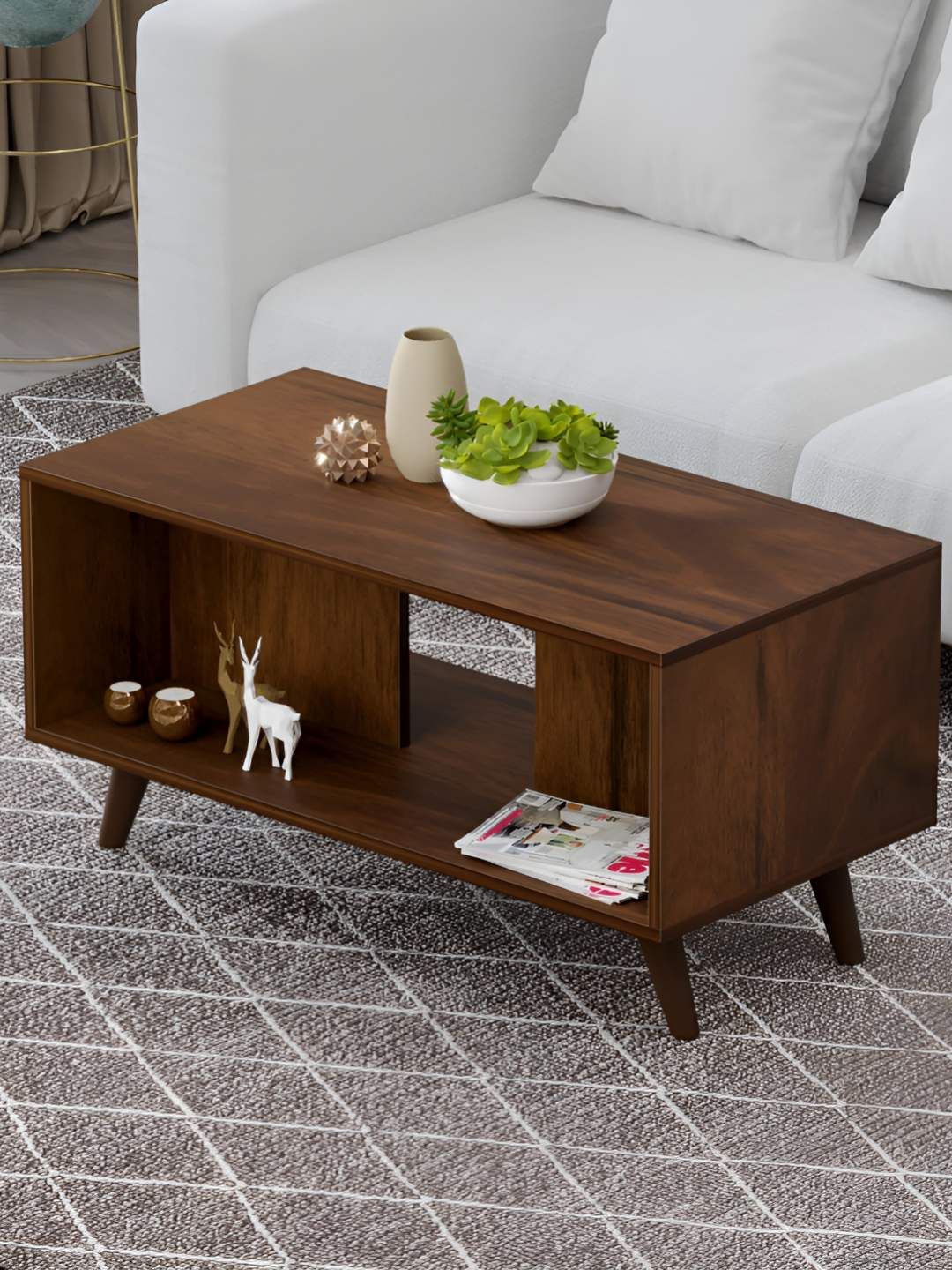 bluewud Leo Brown Textured Wooden & Metal Rectangle Coffee Table