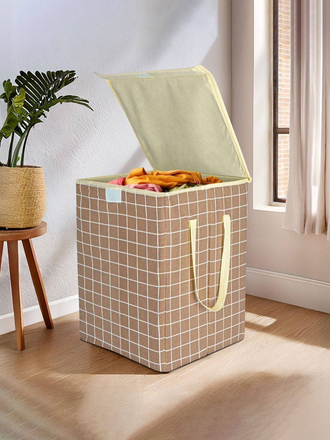 Aura White & Brown Checked Foldable Laundry Bag With Lid 75 L-picture-36