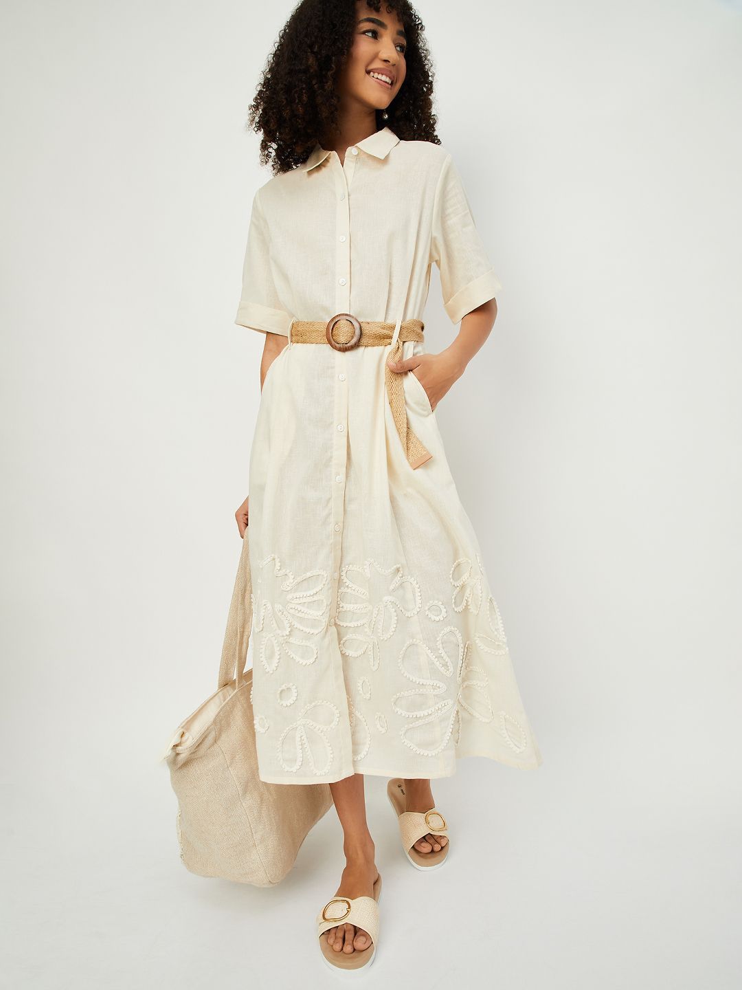 max Women Solid Embroidered Floral Shirt Midi Dress