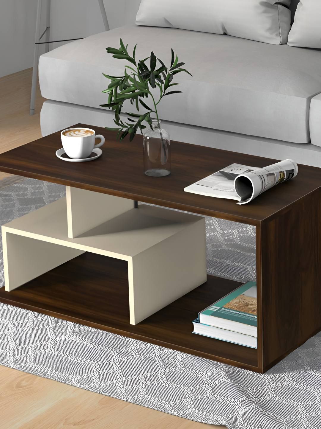 bluewud Smohn Brown & Beige Textured Wooden Rectangle Coffee Table