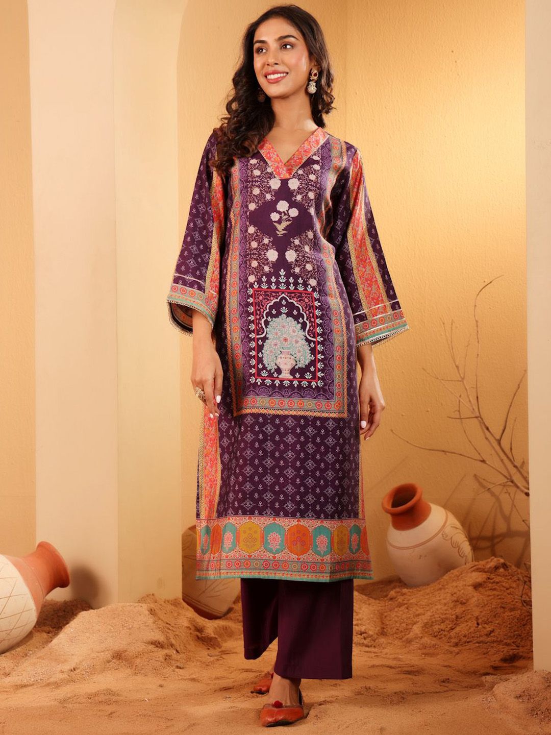 Varanga Ethnic Motifs Printed Gotta Patti Chanderi Silk Kurta With Trousers & Dupatta