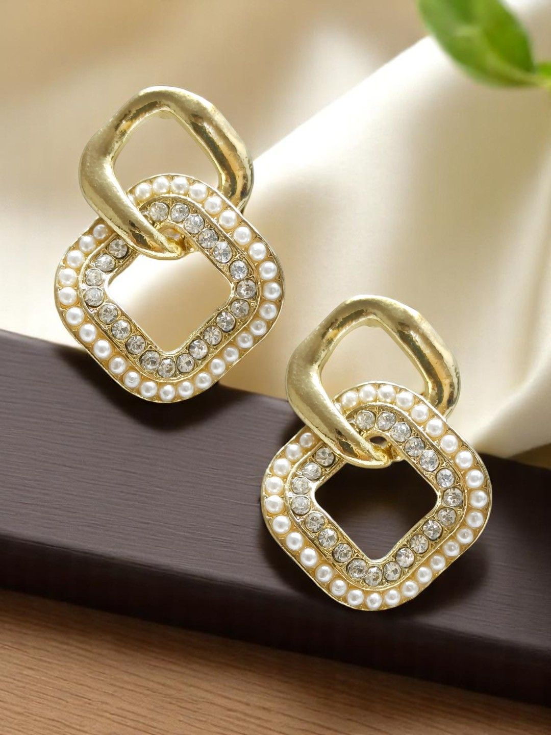 OOMPH Gold Plated Artificial Stones Studded And Beaded Square Shape Drop Earrings-image-4