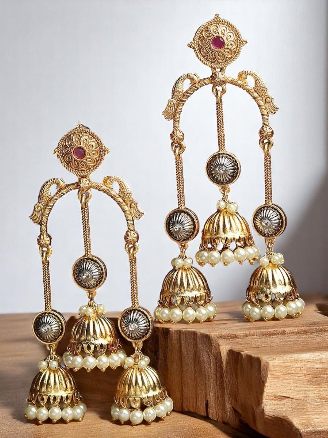 OOMPH Gold Plated Artificial Stones Studded And Beaded Dome Shape Jhumkas-image-3