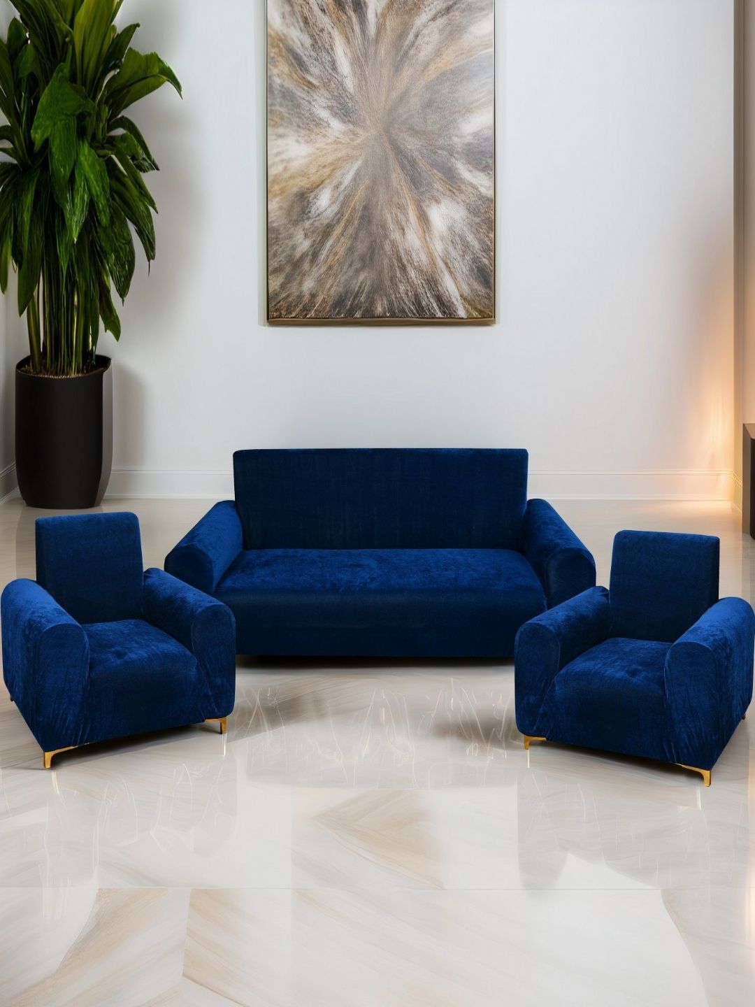 DECOR VATIKA Blue 3 Pieces Velvet Sofa Covers With Arms-image-22