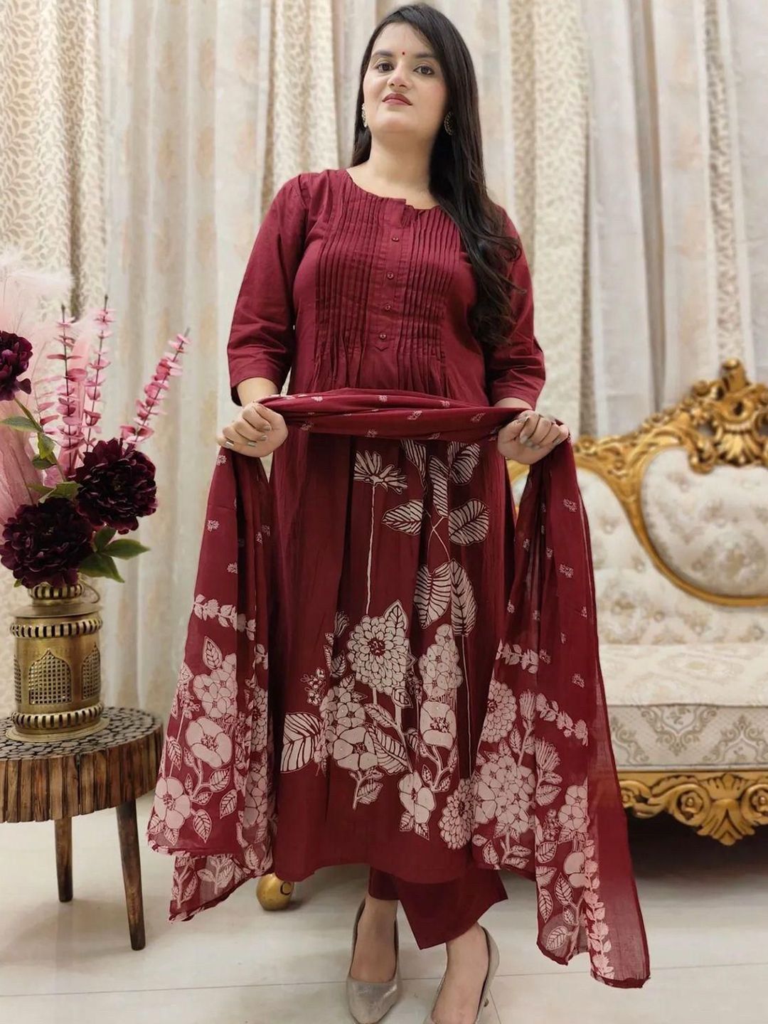 Samhitas Floral Printed Round Neck Cotton Silk A-Line Kurta With Trousers & Dupatta