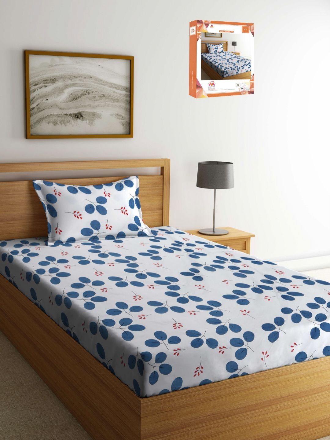 Myntra Elegant Homes White & Blue Floral 300 TC Single Bedsheet with 1 Pillow Covers-picture-19