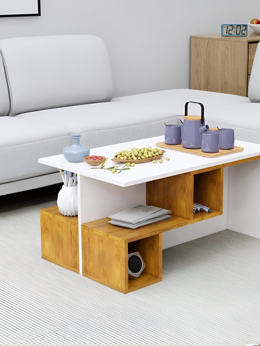 hexa red white & brown textured wooden rectangle coffee table