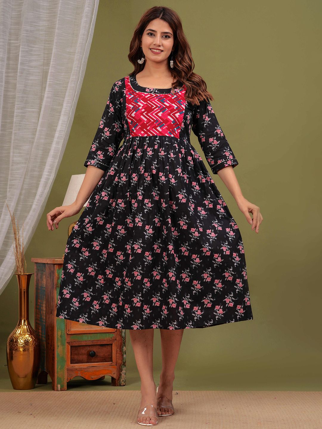 BAESD Women Maternity Floral Print Round Neck Fit and Flare Maxi Cotton Dress-picture-28