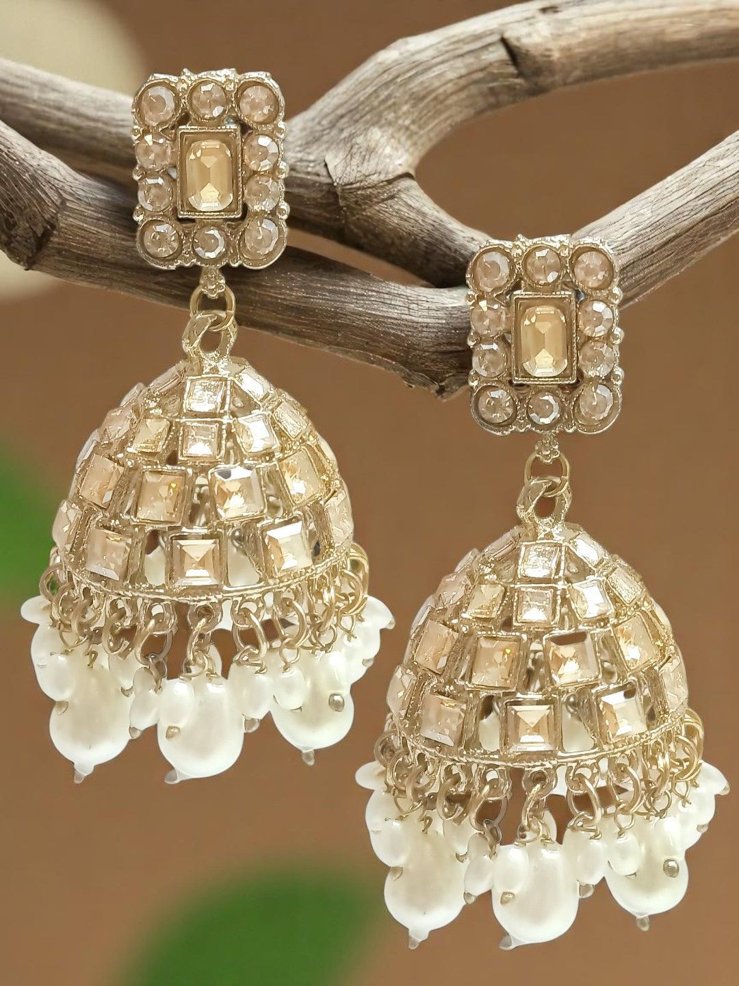 OOMPH Gold-Plated Dome Shaped Artificial Stone & Beads Drop Earrings-image-22