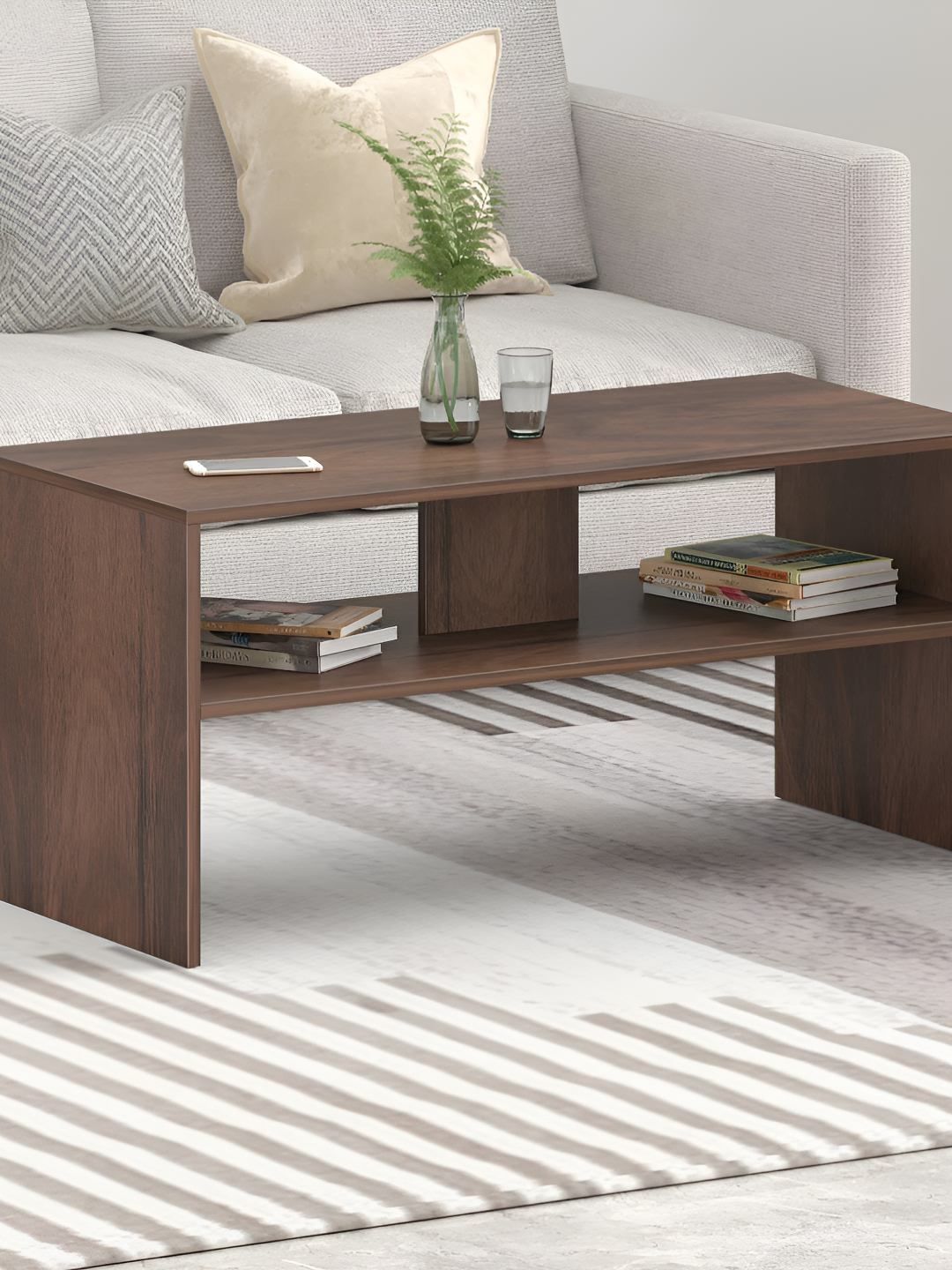 bluewud Brown Textured Wooden Rectangle Coffee Table-image-16
