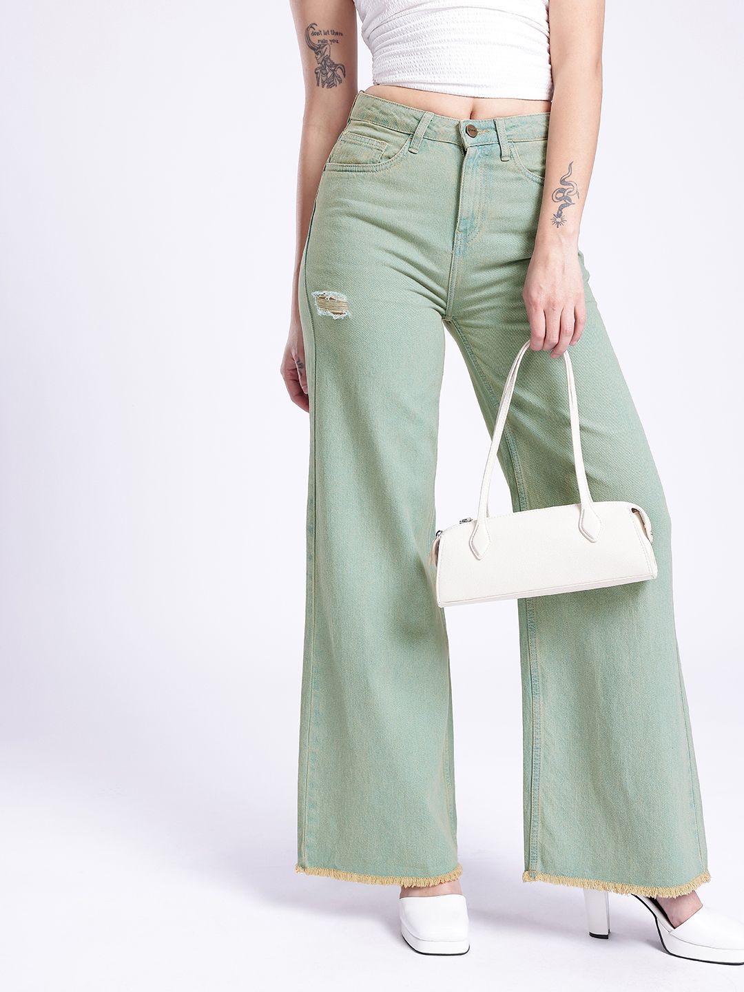 glitchez Women Baggy Wide Leg High-Rise Low Distress Heavy Fade Frayed Jeans