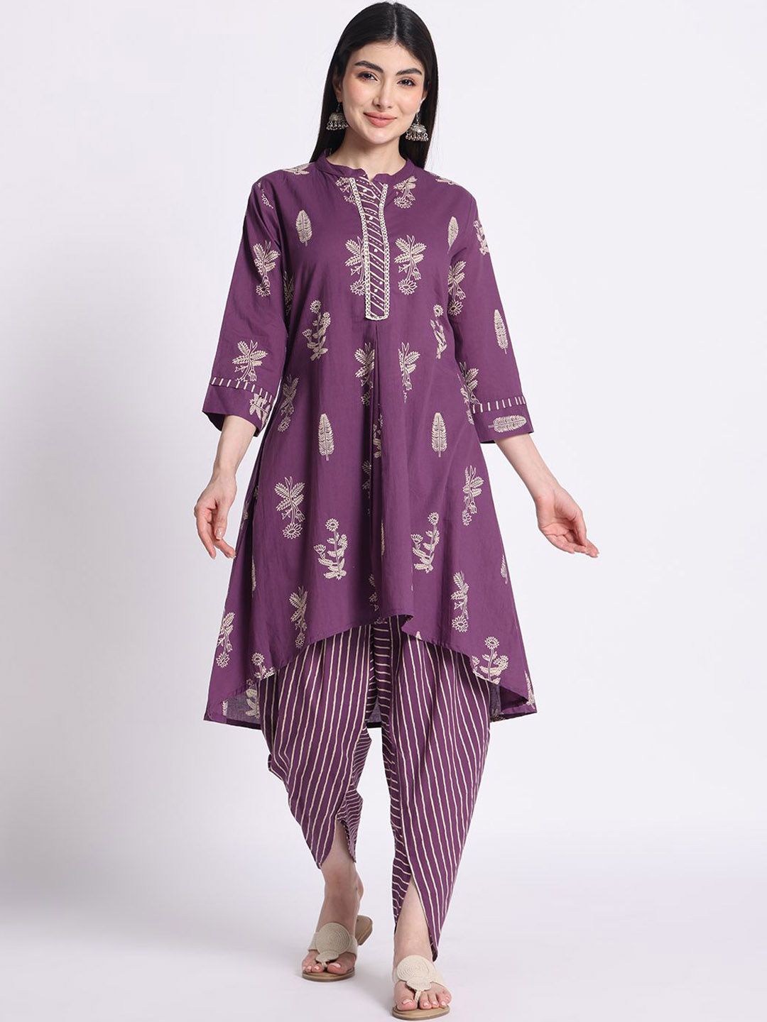 Silselah Women Ethnic Motifs Printed Mandarin Collar Pure Cotton Kurti with Dhoti Pants