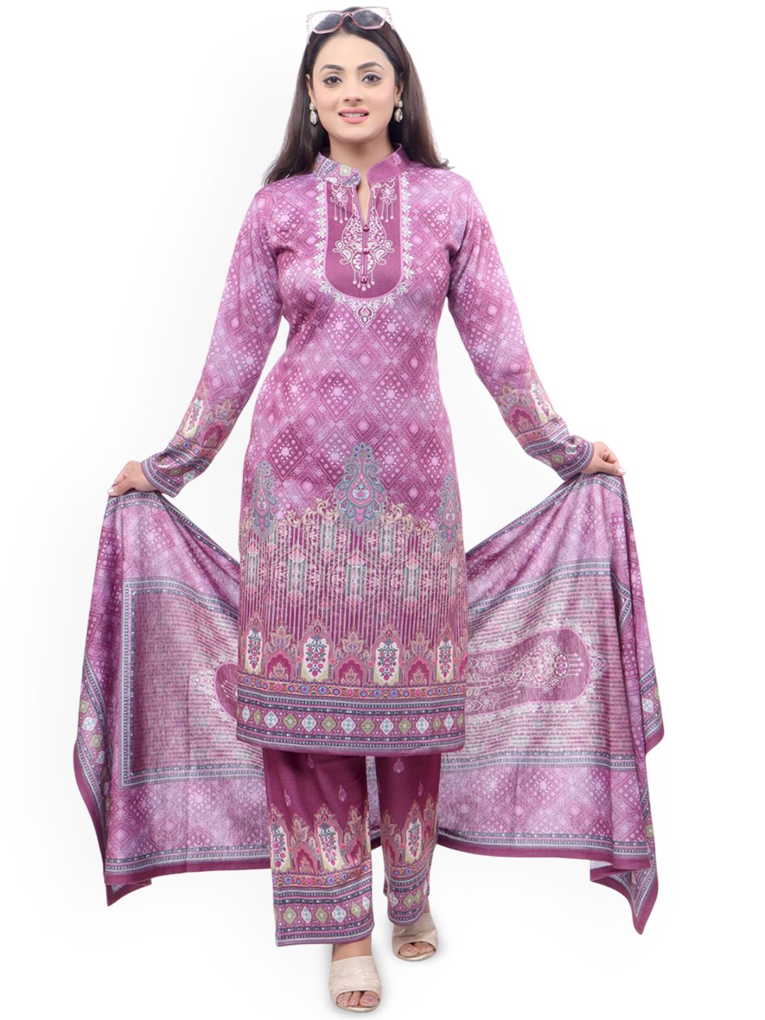 WOOL 4U Ethnic Motifs Printed Mandarin Collar Straight Kurta With Trousers & Dupatta
