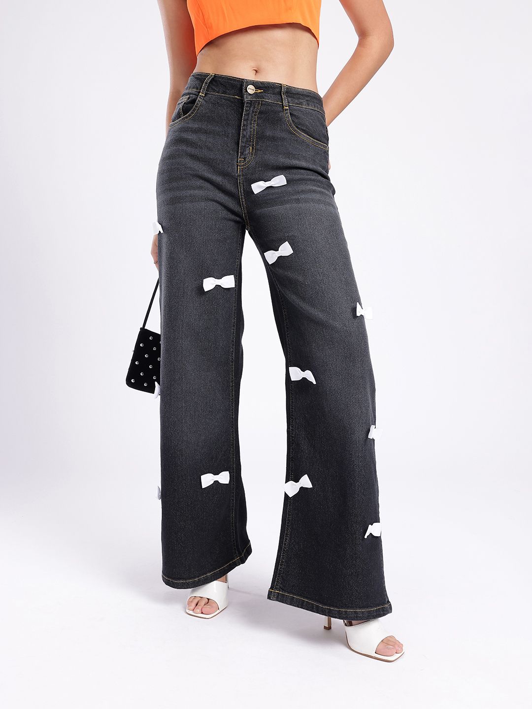 glitchez Women Wide Leg Bow Detailed Stretchable Jeans