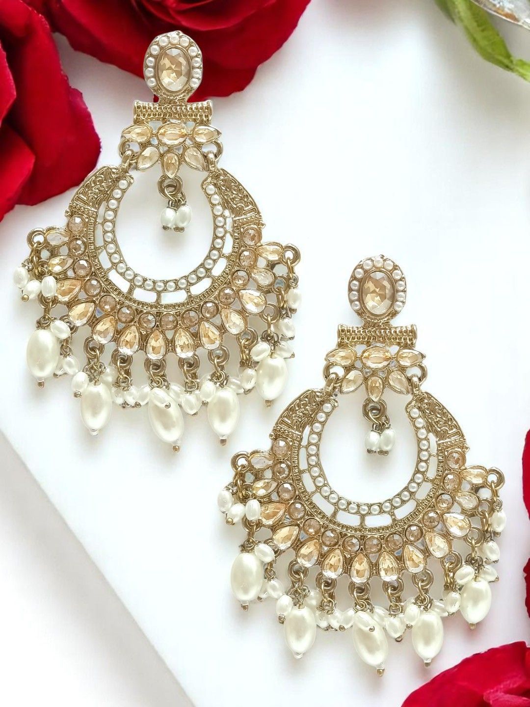 OOMPH Gold-Plated Contemporary Shaped Artificial Stone & Beads Chandbali Earrings-image-48