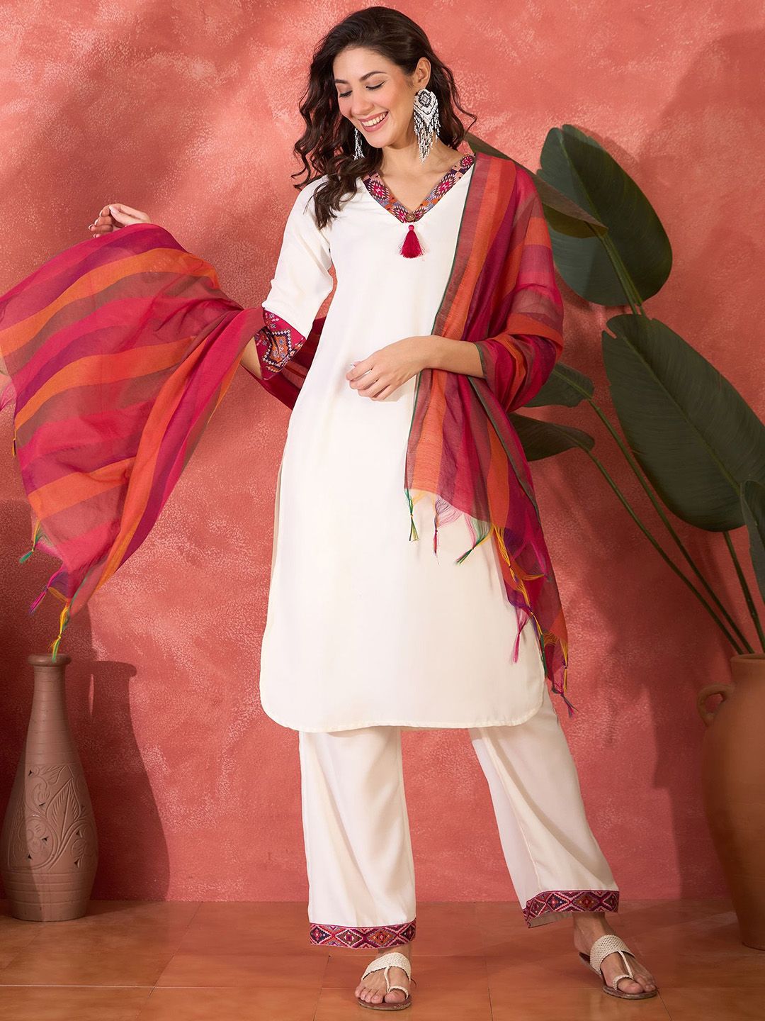 Sangria V-Neck Straight Kurta & Palazzo With Dupatta