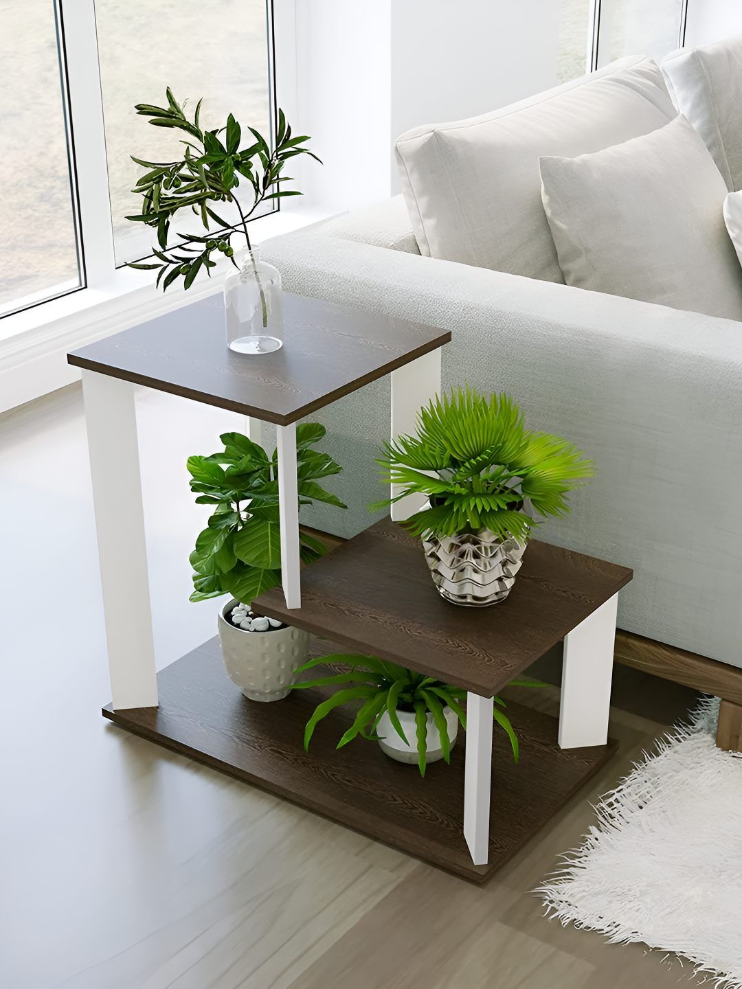 bluewud Brown & White Wooden Rectangle Bedside Table