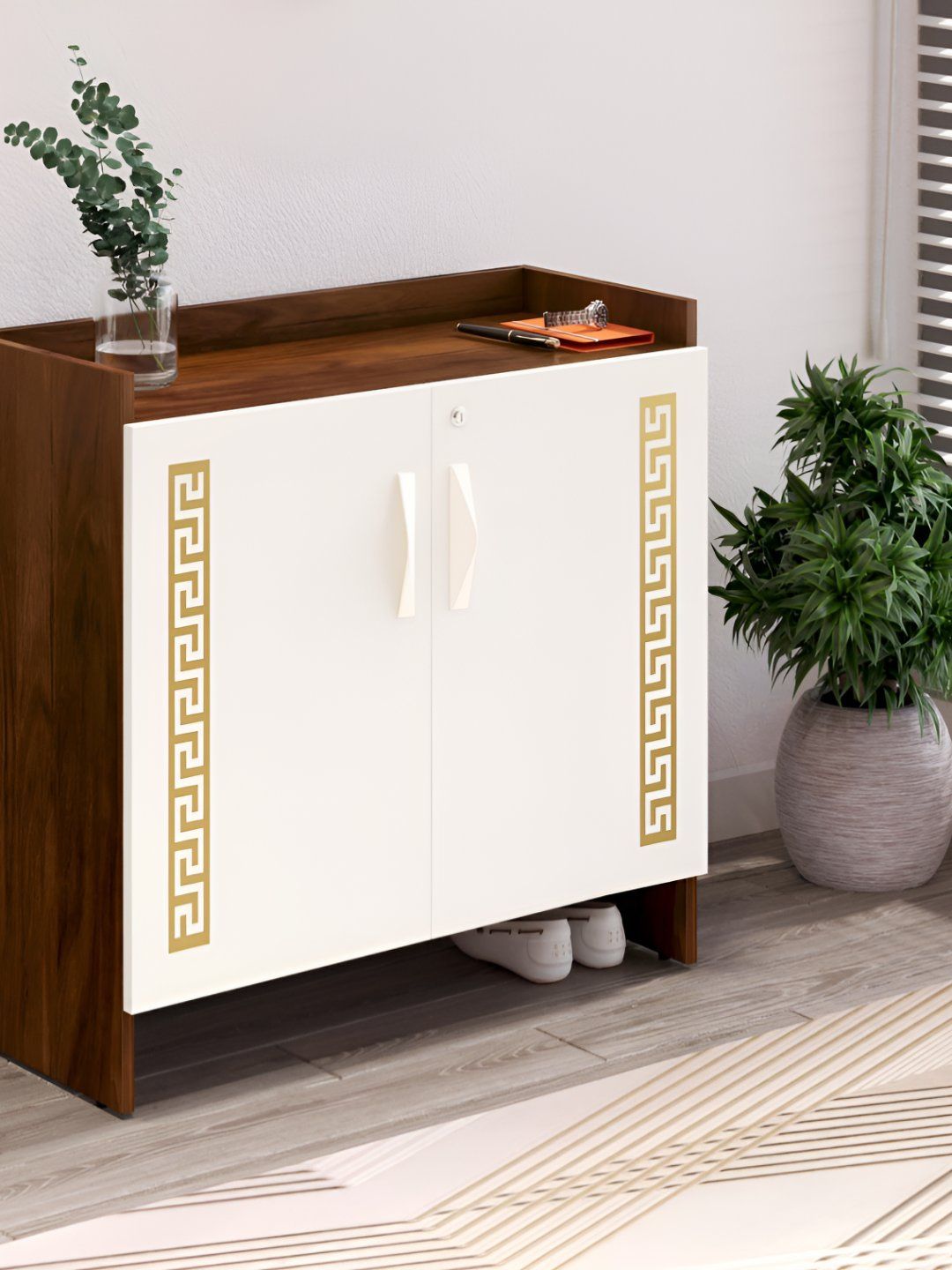 bluewud Brown & White 3-Layers EngineeredWood 2 Doors Shoe Rack With Lock-picture-55