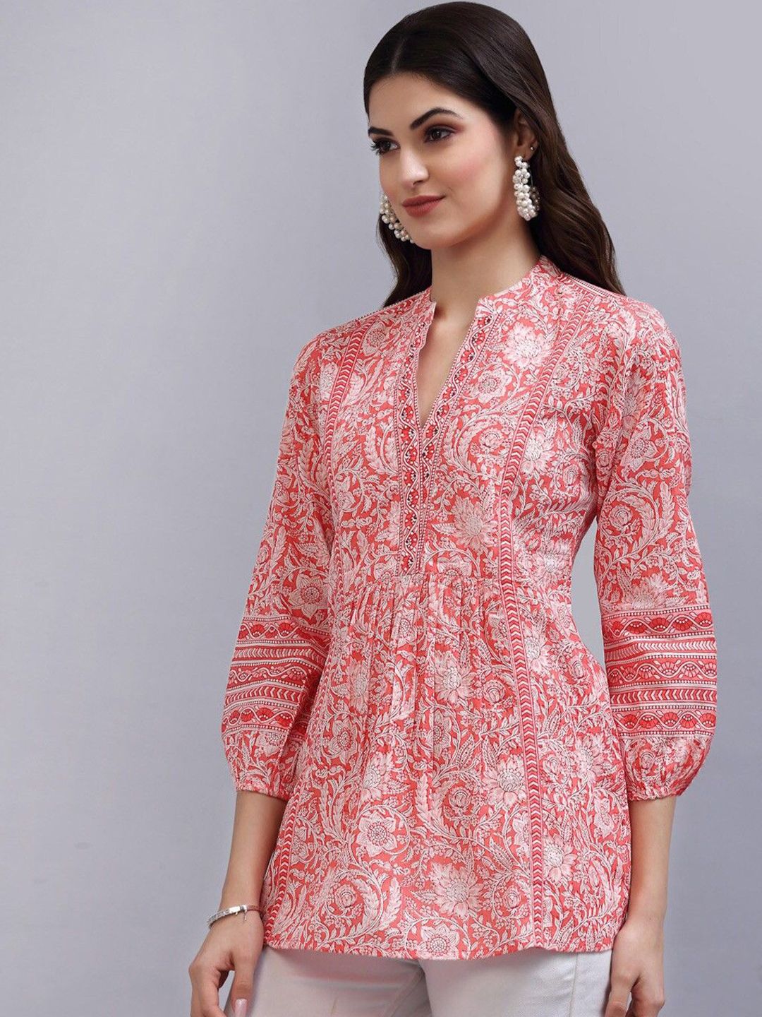 BAESD Women Floral Print Mandarin Collar Cotton Peplum Longline Top-picture-34