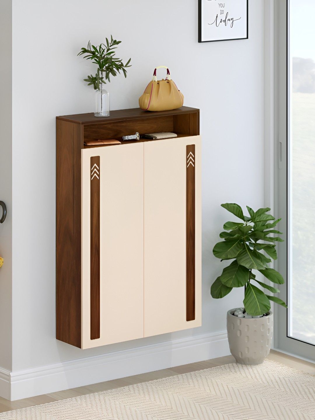 bluewud Brown & Beige 5-Layers Whartin 2 Doors Wall Mount Shoe Rack With Inclined Shelves