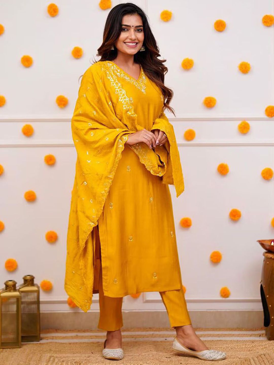 FoxDX Women Ethnic Motifs Embroidered Regular Thread Work Pure Silk Kurta with Trousers & With Dupatta-picture-18