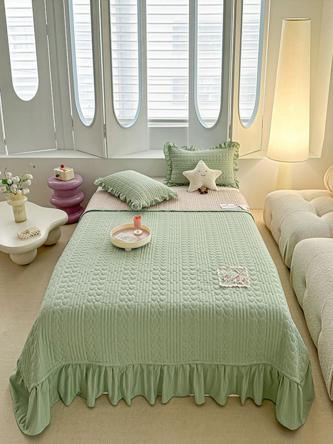 JC HOME Green Textured 162 TC Double Queen Bed Cover & 2 Pillow Covers-picture-23