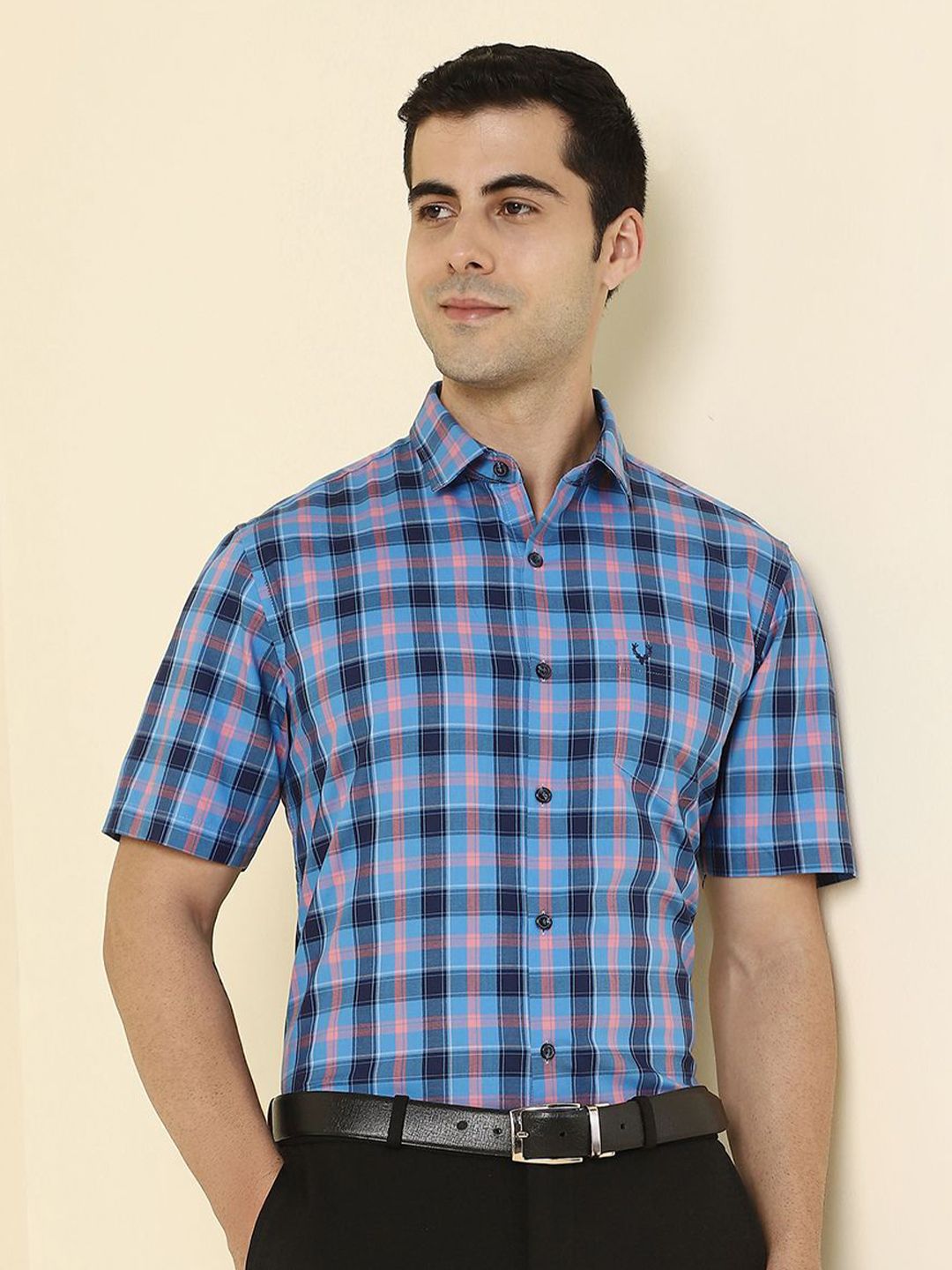 Allen Solly Checked Short Sleeves Spread Collar Cotton Opaque Slim Fit Formal Shirt-picture-27