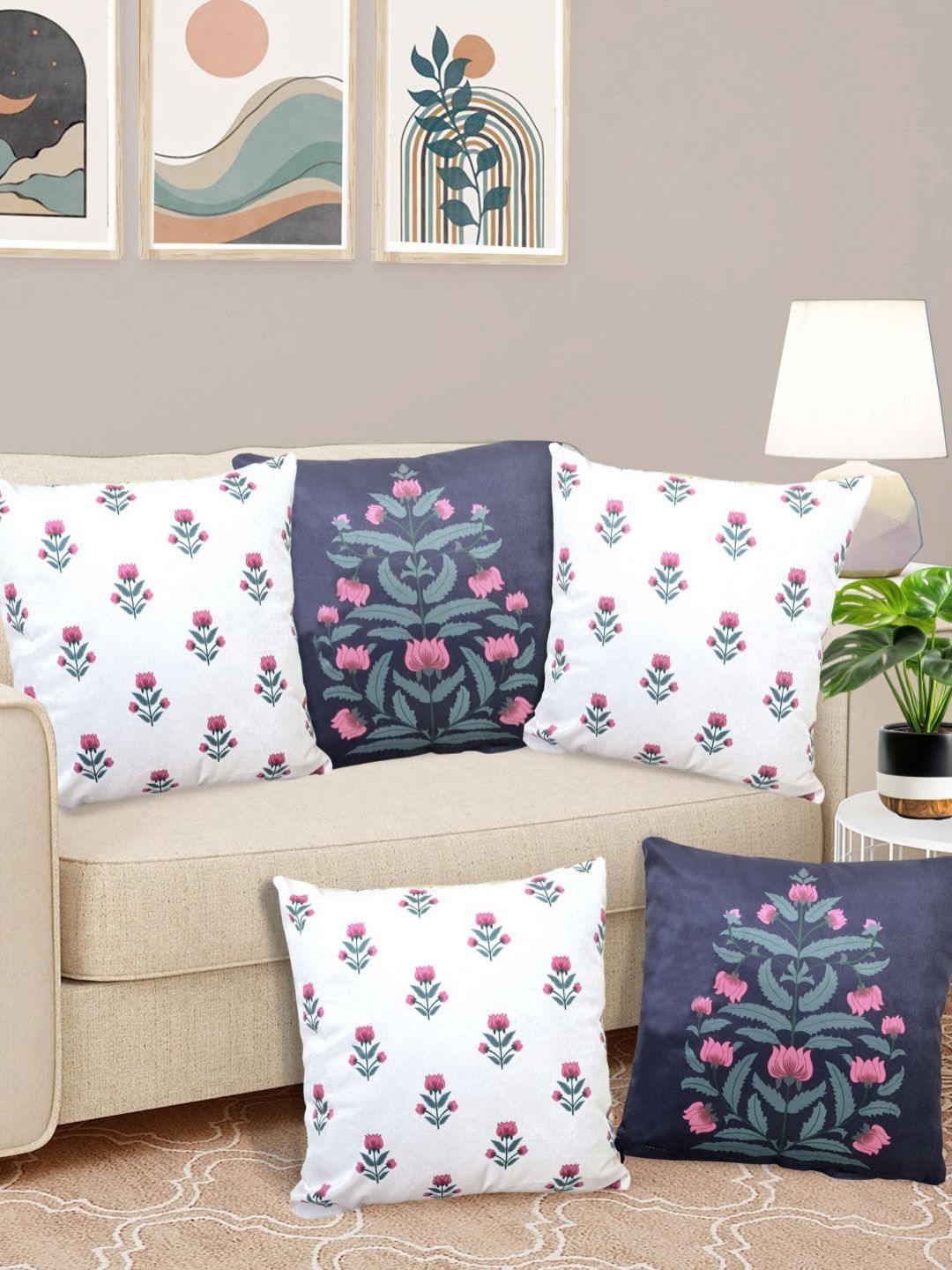 Myntra Elegant Homes White & Navy Blue 5 Pieces Floral Velvet Square Cushion Covers-image-37