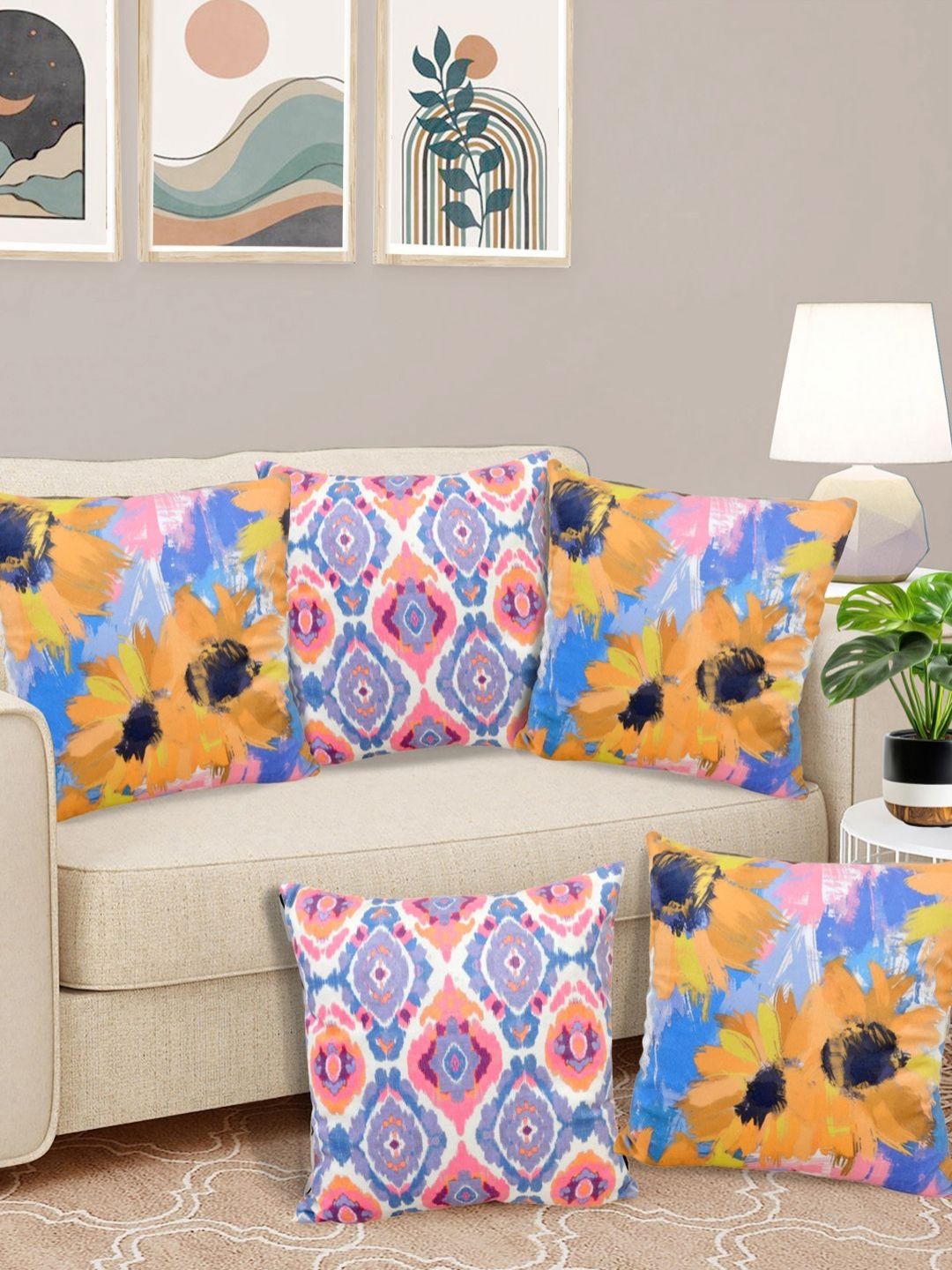 Myntra Elegant Homes Pink & Yellow Set of 5 Floral Velvet Square Cushion Covers-picture-21