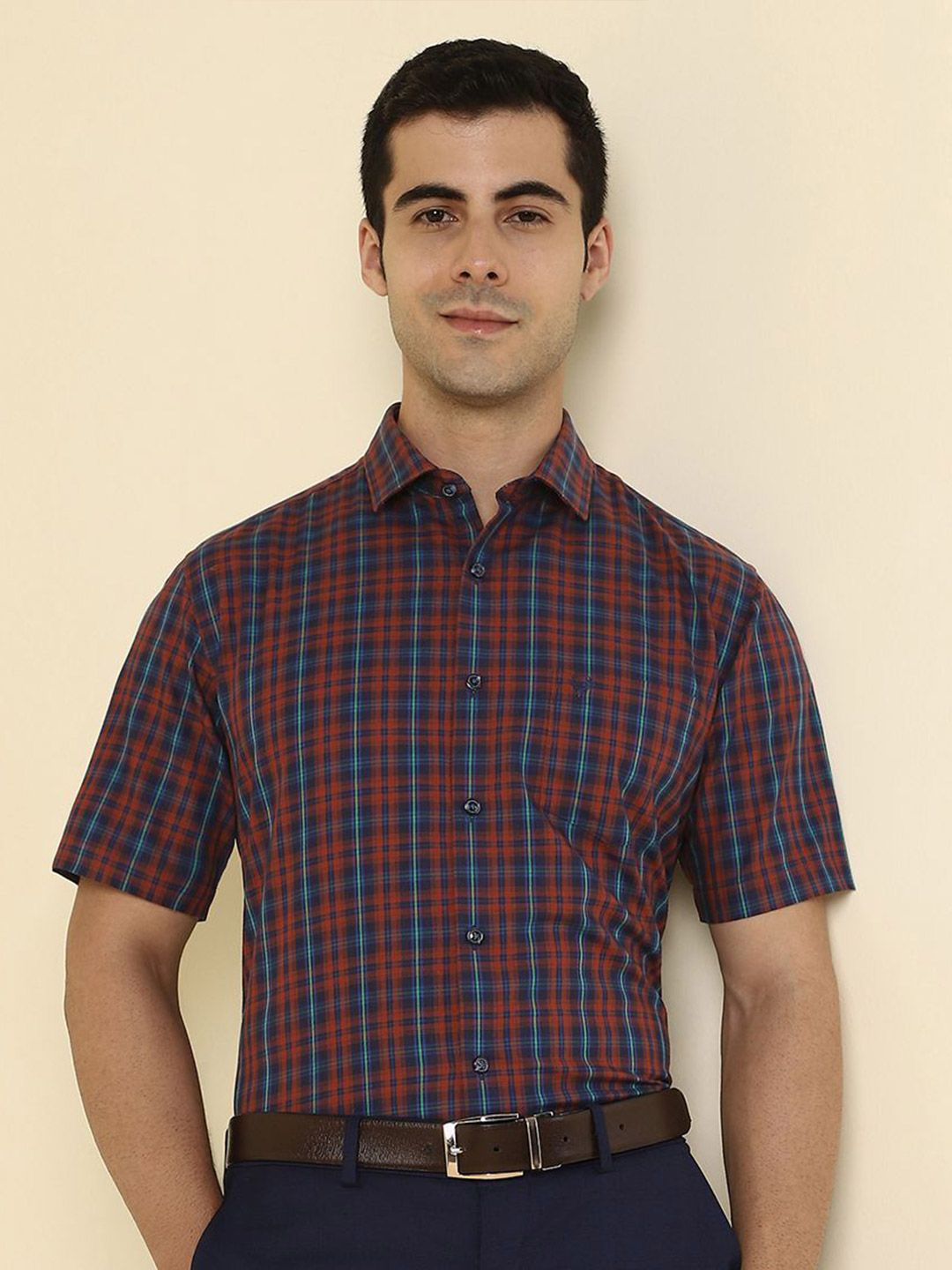 Allen Solly Checked Spread Collar Short Sleeves Slim Fit Formal Cotton Shirt-picture-18