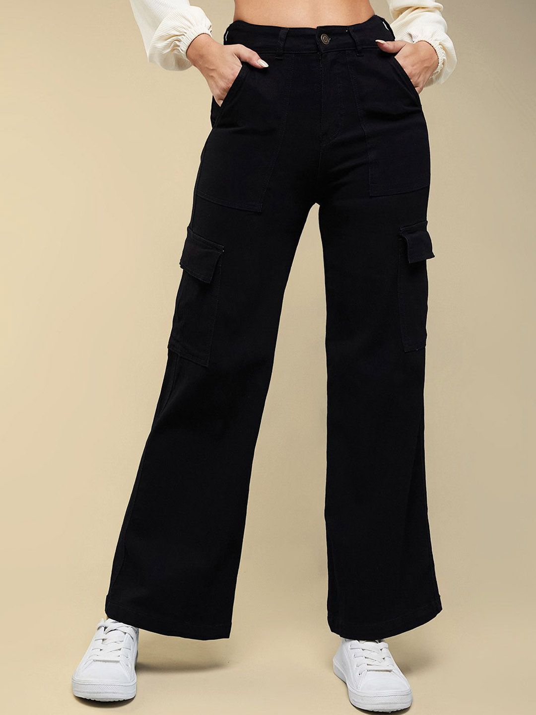 The Roadster Lifestyle Co. Women Wide-Leg High-Rise Clean-Look Stretchable Cargo Jeans-picture-38